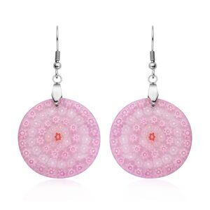 Women's Pink Color Murano Style Dangle Earrings in Stainless Steel